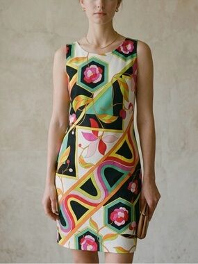 Vintage Byblos Geometric Floral Sheath Dress Size 44 = Medium Linen Blend